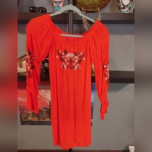 Guess Embroidered Red/Orange Off-Shoulder Dress W/Stretch, Size Small